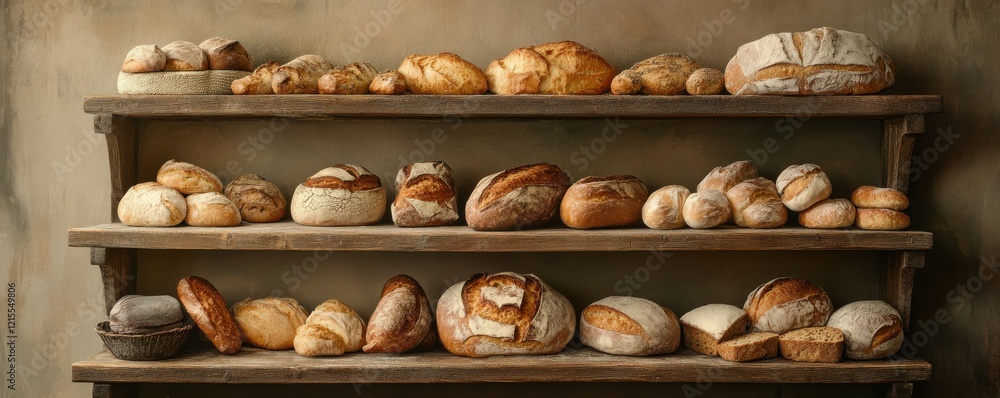 Rustic bakery display with assorted artisan breads on wooden shelves Rustic bakery display with assorted artisan breads on wooden shelves