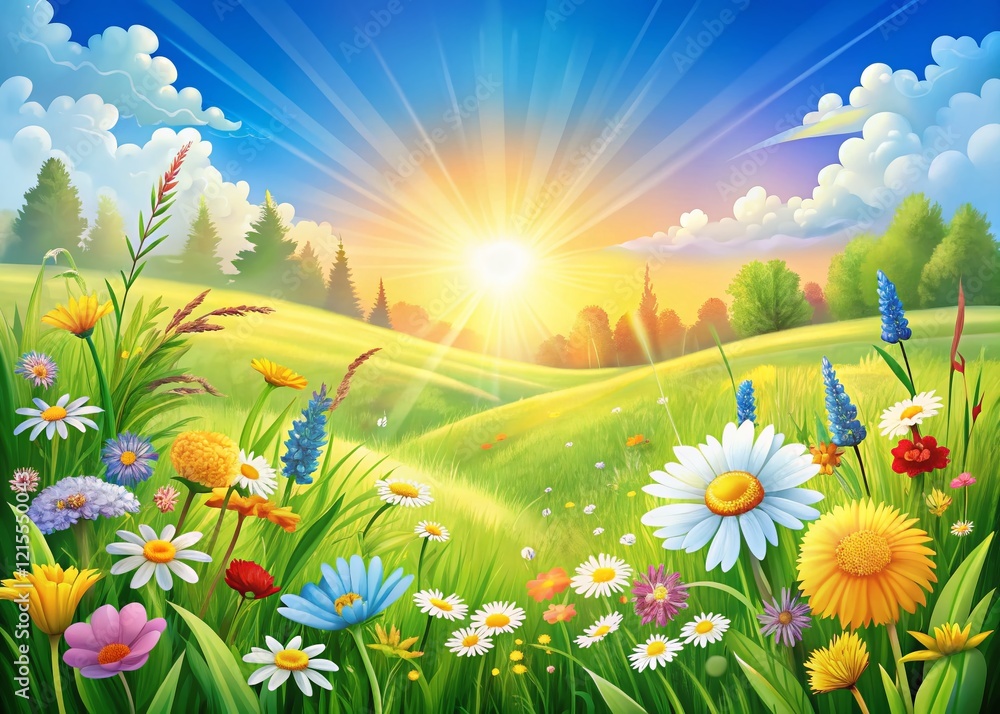 Fototapeta premium Sunny Meadow Landscape: Vibrant Spring Flowers & Green Grass Stock Photo