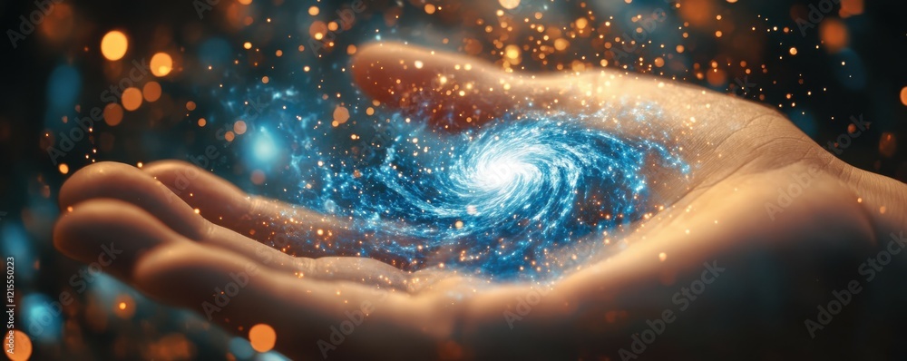 Fototapeta premium Cosmic spiral in human hand: mystical fusion of universe and humanity
