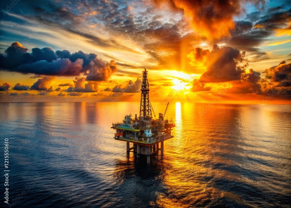Sunset Aerial of Offshore Oil Drilling Platform, Ocean Barge Rig at Golden Hour Sunset Aerial of Offshore Oil Drilling Platform, Ocean Barge Rig at Golden Hour