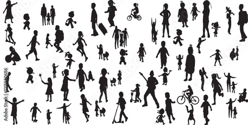 Children silhouette, kid vector set, boy, girl, kids standing, playing, walking