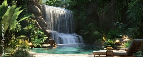 Tranquil tropical waterfall in lush forest with sunlit pool and lounger