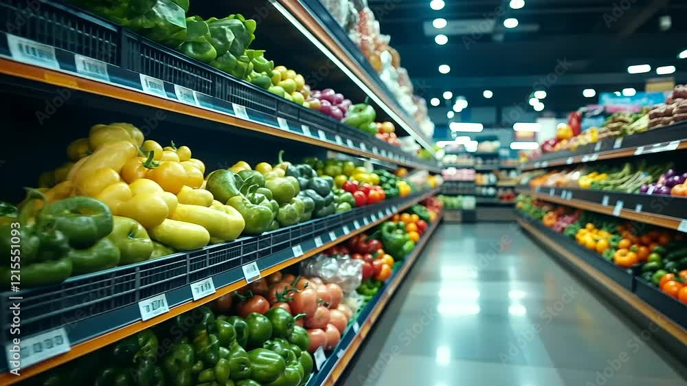 A grocery store aisle featuring wooden shelves filled with fresh produce, from radishes to colorful bell peppers. A grocery store aisle featuring wooden shelves filled with fresh produce, from radishes to colorful bell peppers.