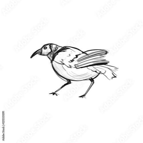 Pencil sketch of a hand drawn bird, black line on a white background