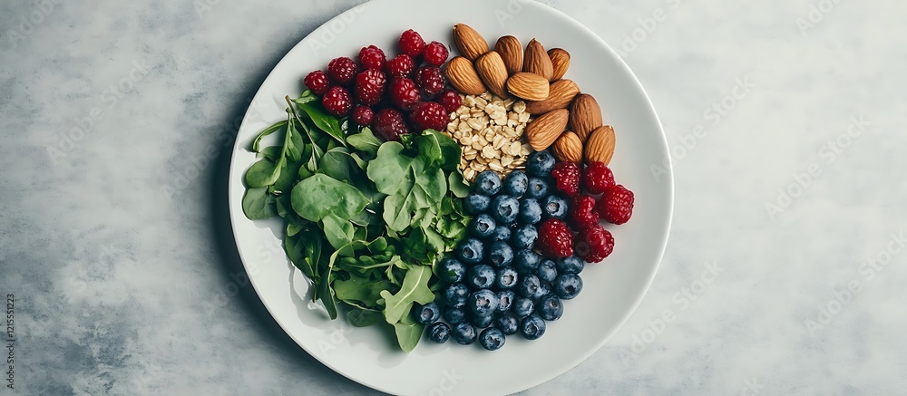 A heart-healthy meal on a white plate, featuring blueberries, leafy greens, almonds, and whole grains, laid out beautifully against a neutral grey background, captured in crisp HD detail. A heart-healthy meal on a white plate, featuring blueberries, leafy greens, almonds, and whole grains, laid out beautifully against a neutral grey background, captured in crisp HD detail.
