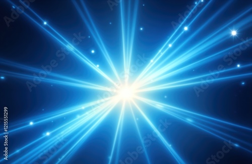 Abstract design with bright blue light burst. Star-like central point explodes into radiating beams of light. Dark background enhances blue glow. Ideal for tech posters digital illustrations. Dynamic