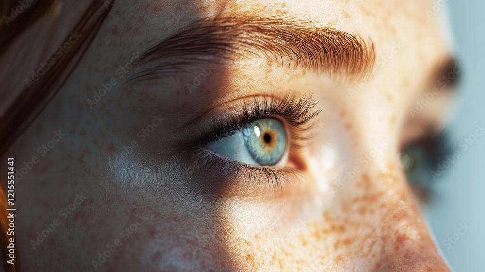 Close-up of a Girl's Eye with Freckles in Sunlight Close-up of a Girl's Eye with Freckles in Sunlight