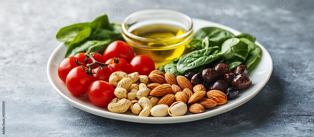 A heart-healthy meal with a variety of nuts, tomatoes, spinach, and olive oil on a white plate, placed on a grey background, illuminated with soft light to bring out the textures. A heart-healthy meal with a variety of nuts, tomatoes, spinach, and olive oil on a white plate, placed on a grey background, illuminated with soft light to bring out the textures.