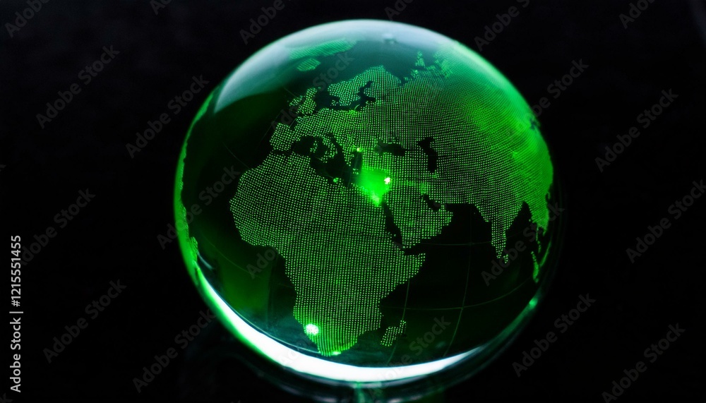 Fototapeta premium 투명한 구체 안에 떠 있는 세계 지도에서, 특정 한 대륙이 형광 초록빛으로 빛나는 모습