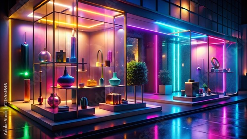 Surreal 3D Render: Modern Shop Window with Futuristic Accessories Display photo