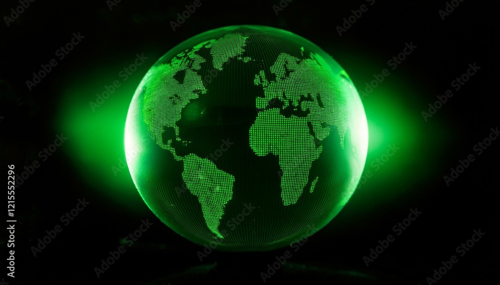 Fototapeta premium 투명한 구체 안에 떠 있는 세계 지도에서, 특정 한 대륙이 형광 초록빛으로 빛나는 모습