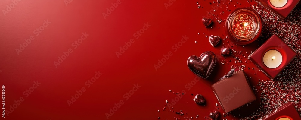 Fototapeta premium Red valentine's day background with candles, heart-shaped chocolates, and glittering decorations