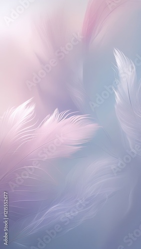 A delicate, ethereal minimalist abstract design featuring softly blurred, feathery gradients that seamlessly transition between gentle pastel pink, wistful lavender, and serene sky blue hues, evoking 