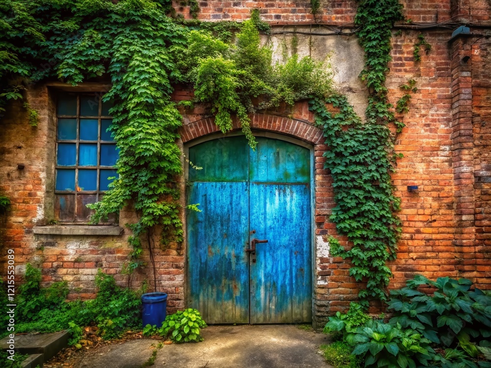 Surreal Blue Warehouse Door: Ethereal Old Wooden Door in Mystical Setting Surreal Blue Warehouse Door: Ethereal Old Wooden Door in Mystical Setting