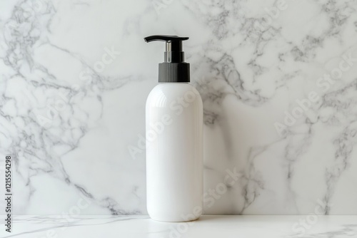 White bottle of cosmetic product on white marble table. Cream, cleancer, moisturizer, lotion. Branding mock up. photo