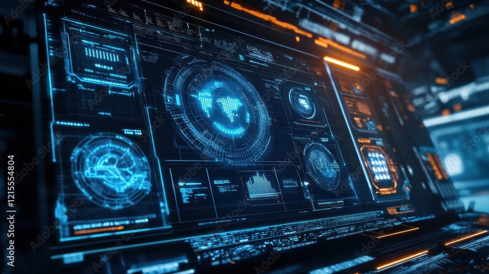 Displaying a complex digital interface with a world map, data analysis charts, and metrics, suggesting a sophisticated global monitoring system in a futuristic setting Displaying a complex digital interface with a world map, data analysis charts, and metrics, suggesting a sophisticated global monitoring system in a futuristic setting