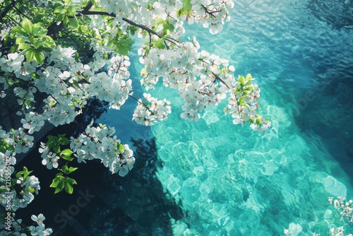 Blooming blossoms by crystal clear waters nature photography dreamlike environment midrange perspective capturing playful shadows and rich emerald hues photo