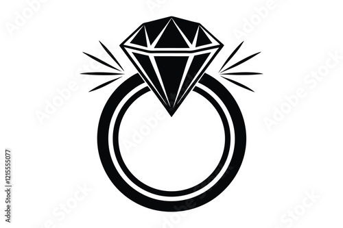 A wedding ring or diamond ring vector silhouette, isolated white background, elegant jewelry icon, love symbol, engagement illustration
