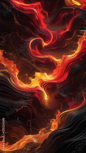 A mesmerizing digital abstraction evoking the intensity of molten lava, characterized by intricate, swirling patterns that dance across the canvas in vibrant, fiery hues of scarlet red, golden amber