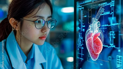 Young Asian Woman medical researcher analyzing D hologram human heart high tech lab night examines cardiac models late study session Detail rich work cutting edge research facility Doctor engages