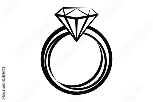 A wedding ring or diamond ring vector silhouette, isolated white background, elegant jewelry icon, love symbol, engagement illustration
