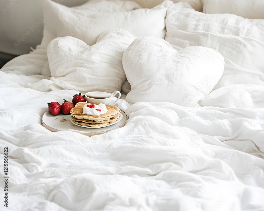 A cozy bed with white sheets, a heart-shaped pillow, and a breakfast tray of strawberry pancakes and coffee, evoking romance and relaxation—ideal for luxury hotels, holidays, or love campaigns. A cozy bed with white sheets, a heart-shaped pillow, and a breakfast tray of strawberry pancakes and coffee, evoking romance and relaxation—ideal for luxury hotels, holidays, or love campaigns.