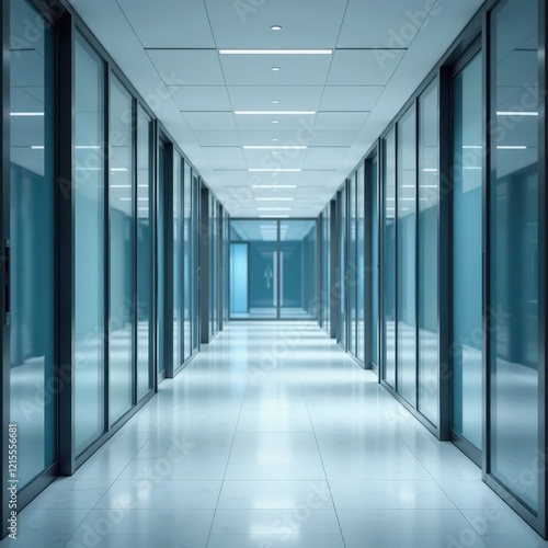 Modern office hallway with glass walls and bright lighting. Clean lines and sleek design create a professional atmosphere.