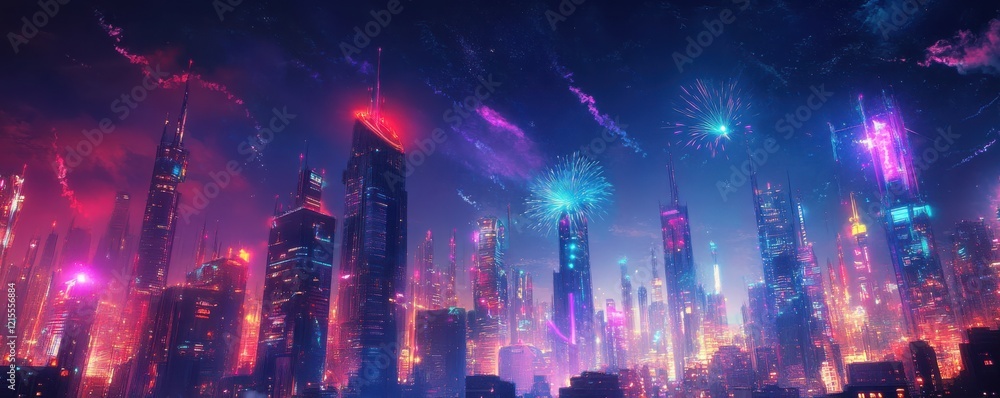 Vibrant futuristic cityscape at night with fireworks illuminating skyline Vibrant futuristic cityscape at night with fireworks illuminating skyline