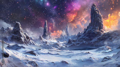 Mesmerizing cosmic landscape with starry sky glowing galaxy and enchanting seascape. Galactic Shores. Illustration photo