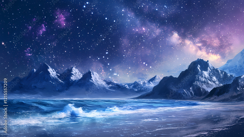 Fototapeta premium Milky way galaxy over ocean beach night sky starscape. Galactic Shores. Illustration