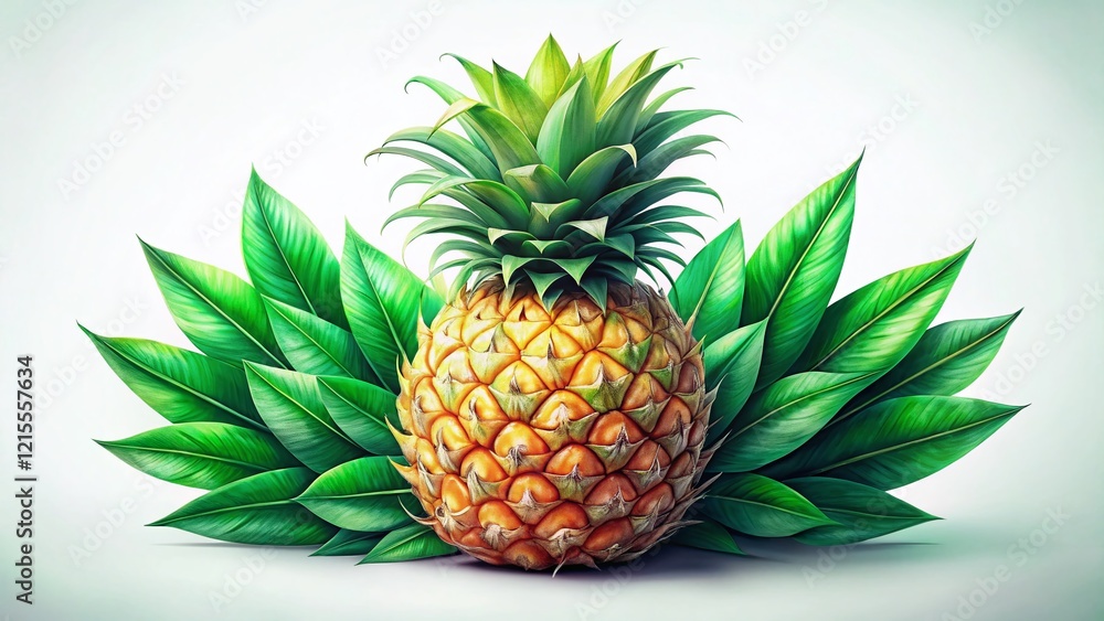 Obraz premium Surreal Hand-Drawn Pineapple Illustration: Vibrant Tropical Fruit with Lush Green Leaves on White Background