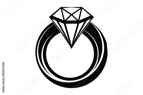 A wedding ring or diamond ring vector silhouette, isolated white background, elegant jewelry icon, love symbol, engagement illustration