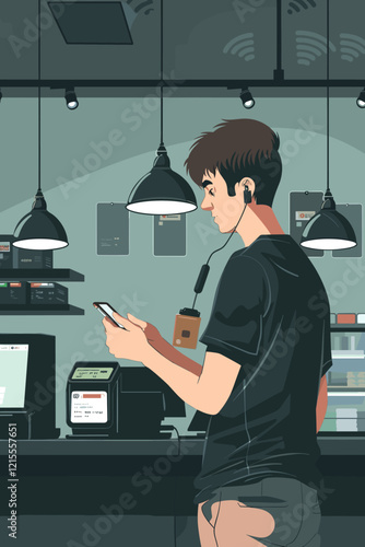 Man Making Mobile Payment on Smartphone with Digital Icons Against Night Cityscape