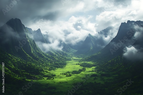 A lush green valley surrounded by mountains, with clouds hanging low over the peaks. The misty clouds add a touch of mystery to the otherwise peaceful landscape, creating a sense of tranquility. photo