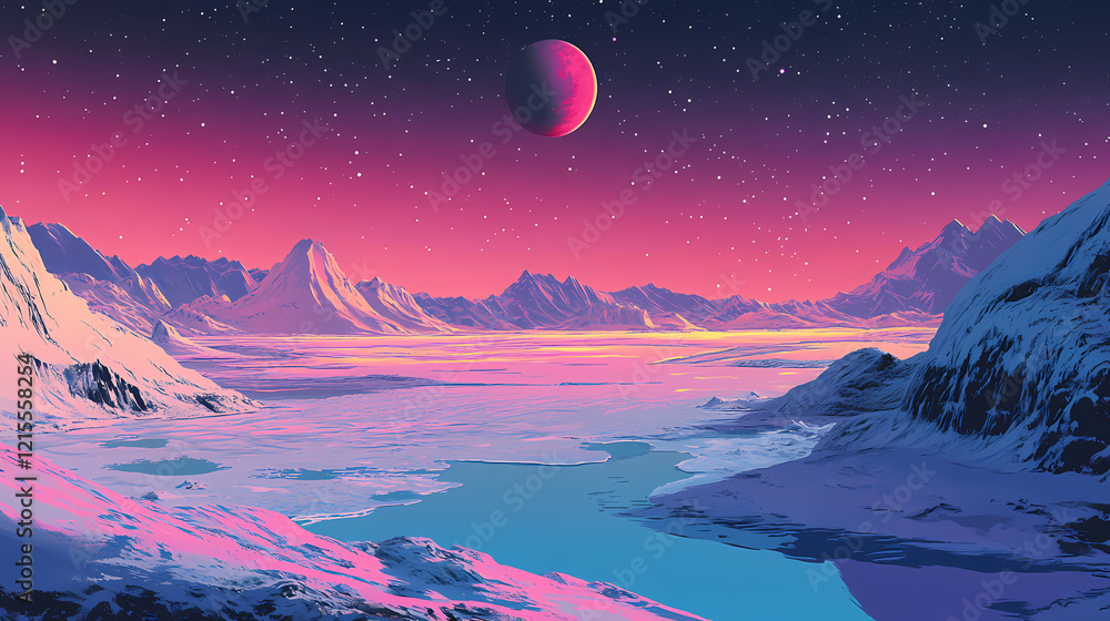 Naklejka premium Stunning alien landscape with a frozen lake surrounded by snow capped mountains under a starry night sky with a distant planet hovering above the horizon. Galactic Shores. Illustration