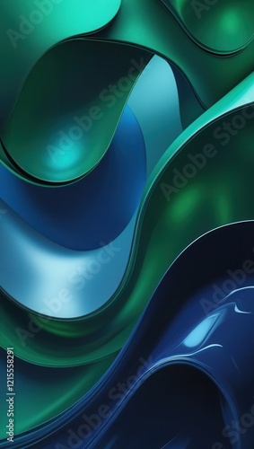 A modern abstract wallpaper featuring bold, sinuous, and fluidly overlapping curves that evoke a sense of dynamic movement, blended with seamless gradients in a palette of rich, vibrant emerald green,