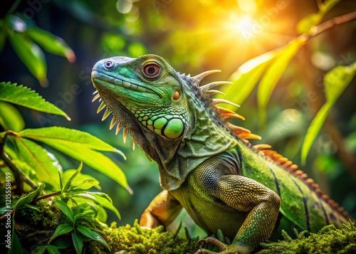 Vibrant Green Treetop Iguana on Lush Tropical Branches photo