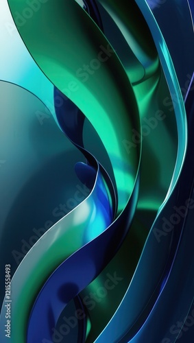 A modern abstract wallpaper featuring bold, sinuous, and fluidly overlapping curves that evoke a sense of dynamic movement, blended with seamless gradients in a palette of rich, vibrant emerald green,