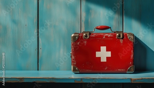 Close-Up Shot Of A First Aid Kit Placed On A Blue Wooden Table, Showing Every Detail In Detail And Clear Focus. photo