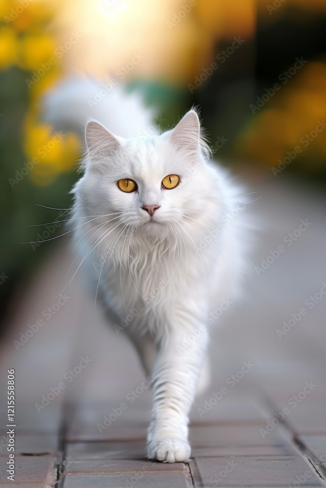 Turkish Angora: A Turkish Angora cat with pure white, silky fur and odd-colored eyes. Turkish Angora: A Turkish Angora cat with pure white, silky fur and odd-colored eyes.