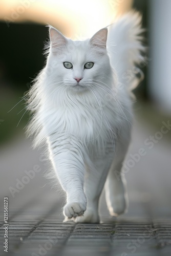 Turkish Angora: A Turkish Angora cat with pure white, silky fur and odd-colored eyes.