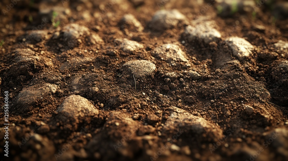 Stony field soil texture, sunlight, background blur, agriculture Stony field soil texture, sunlight, background blur, agriculture