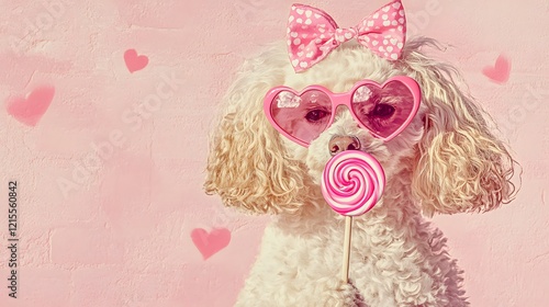  The dog wears heart-shaped sunglasses in bold. The lenses have a soft reflective sheen to give a fun, retro vibe. Positioned on top of its head is a large, creating a lively and cute accessory. The d photo