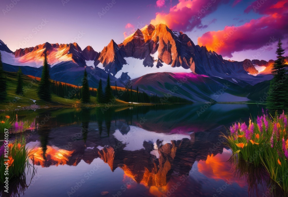 Fototapeta premium stunning sunset over majestic mountain landscapes highlighting vibrant colors scenic views splendor, scenery, nature, peak, sky, horizon, valley, clouds