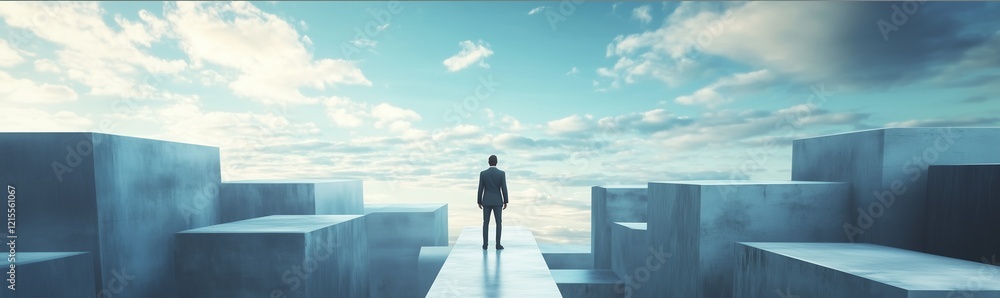 Obraz premium A person in formal attire stands on a narrow path, gazing out over a landscape of abstract structures. The sky is filled with wispy clouds illuminated by soft twilight colors.