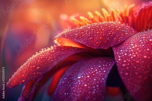 Close-up of a vibrant red flower petal covered in glistening dew drops, bathed in warm sunlight.