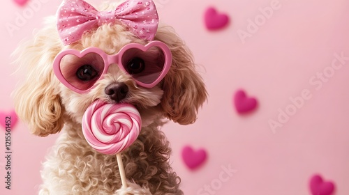  The dog wears heart-shaped sunglasses in bold. The lenses have a soft reflective sheen to give a fun, retro vibe. Positioned on top of its head is a large, creating a lively and cute accessory. The d photo