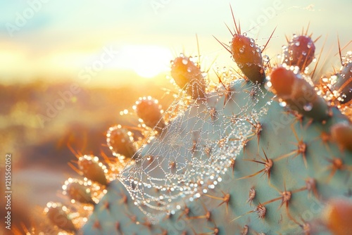 Dew-kissed spiderweb adorns a prickly pear cactus at sunrise, a breathtaking desert scene. photo