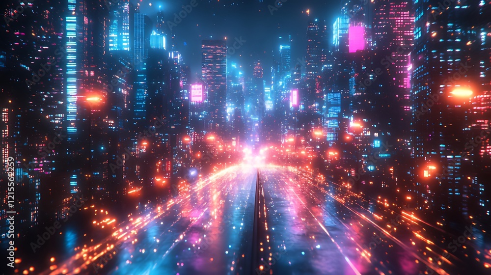 Fototapeta premium Neon Cityscape Highway Drive, Futuristic Night