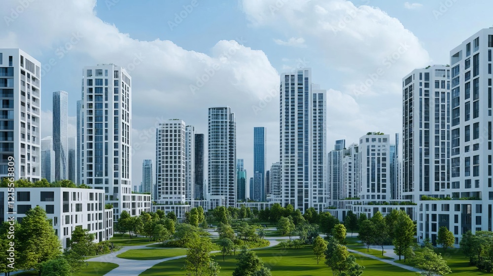 Obraz premium A city park with buildings made of biophilic designs, connecting humans and nature